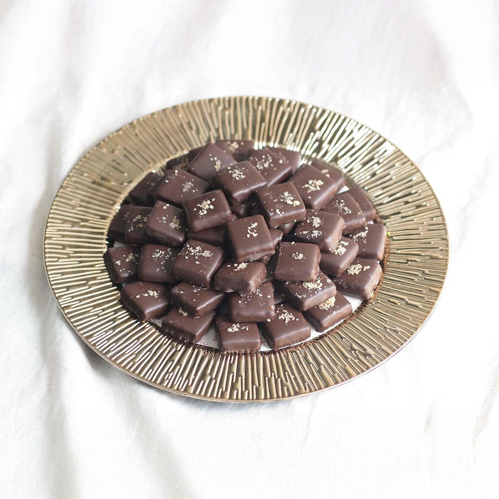 Dark Choco Pecan Dates in Gold Tray