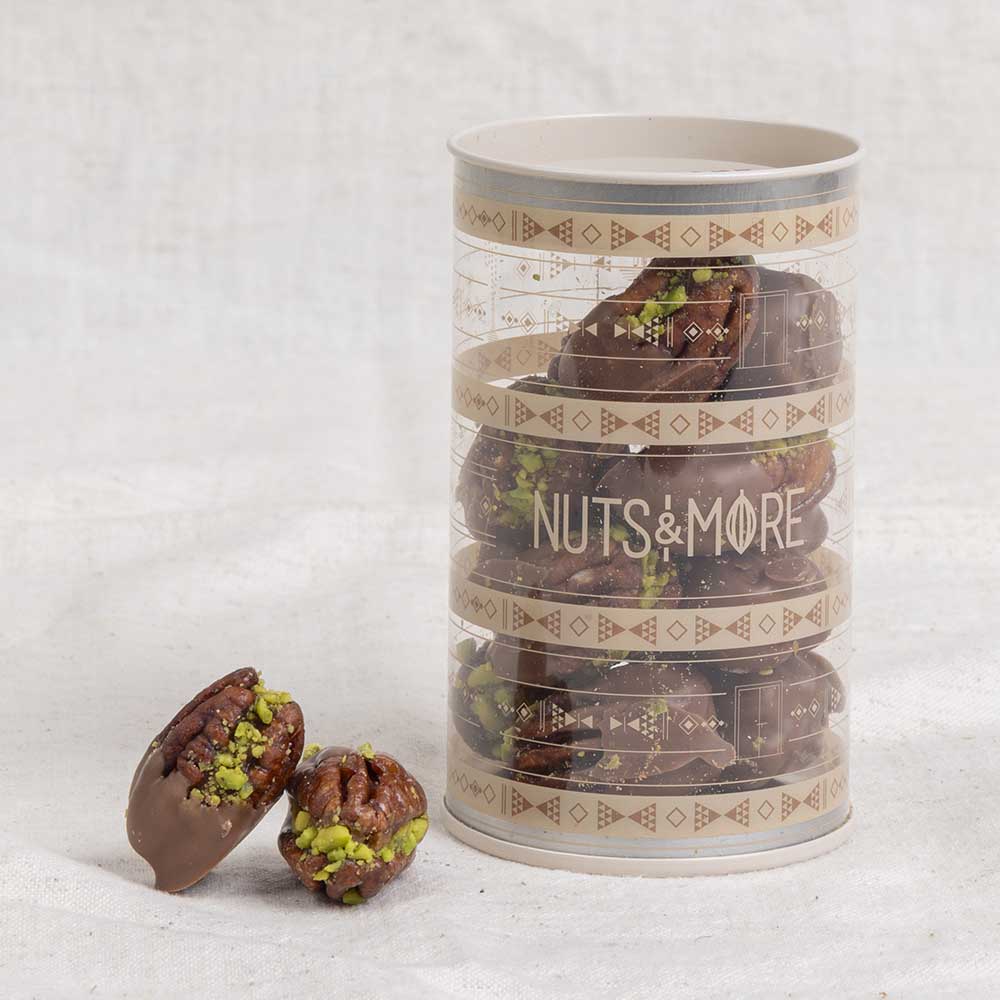 Chocolate Pecan Pistachio Bites in cylinder box