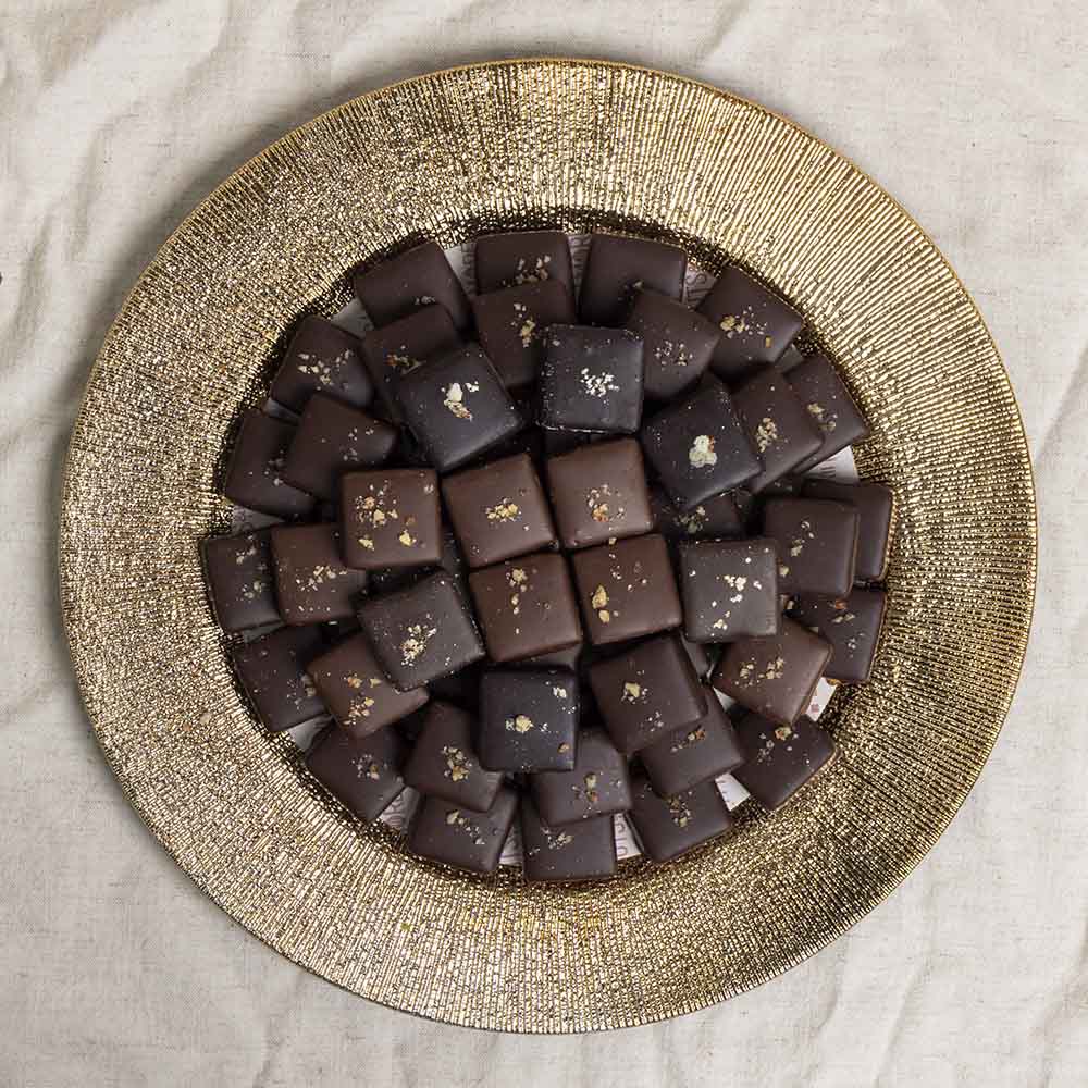 Dark Choco Pecan Dates in Gold Tray