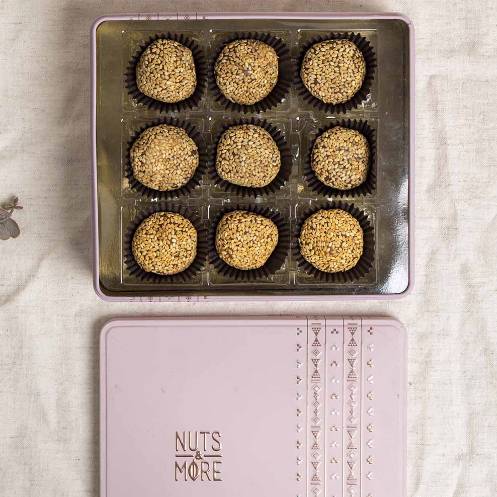 Date Truffles with Tahina in Medium Metal Box