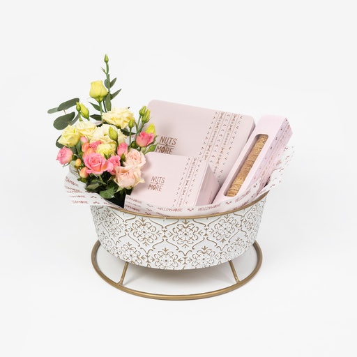 [1326] Circle White and Gold Metal Basket With Flowers