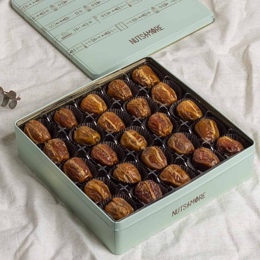 [1687]  Almond Butter Stuffed Dates in Large Metal Box