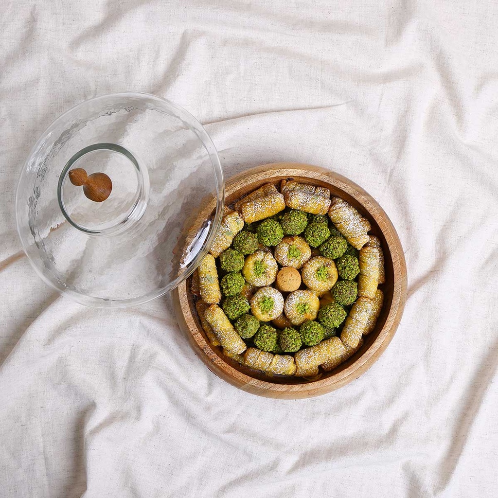 Mixed Kuwaiti Sweets in covered Wooden Bowl (Red)