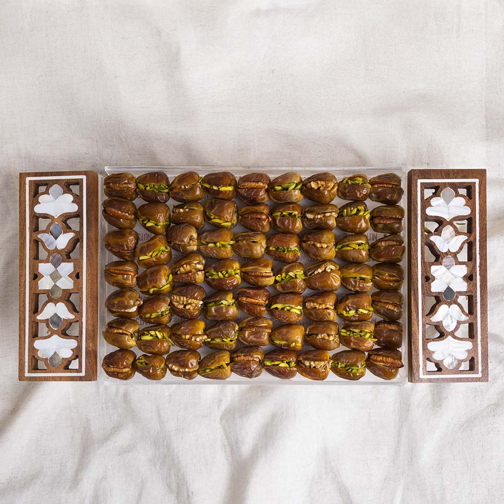 Dates  with nuts in Luxury Tray With Wooden and Pearl Handle (2 Layers)