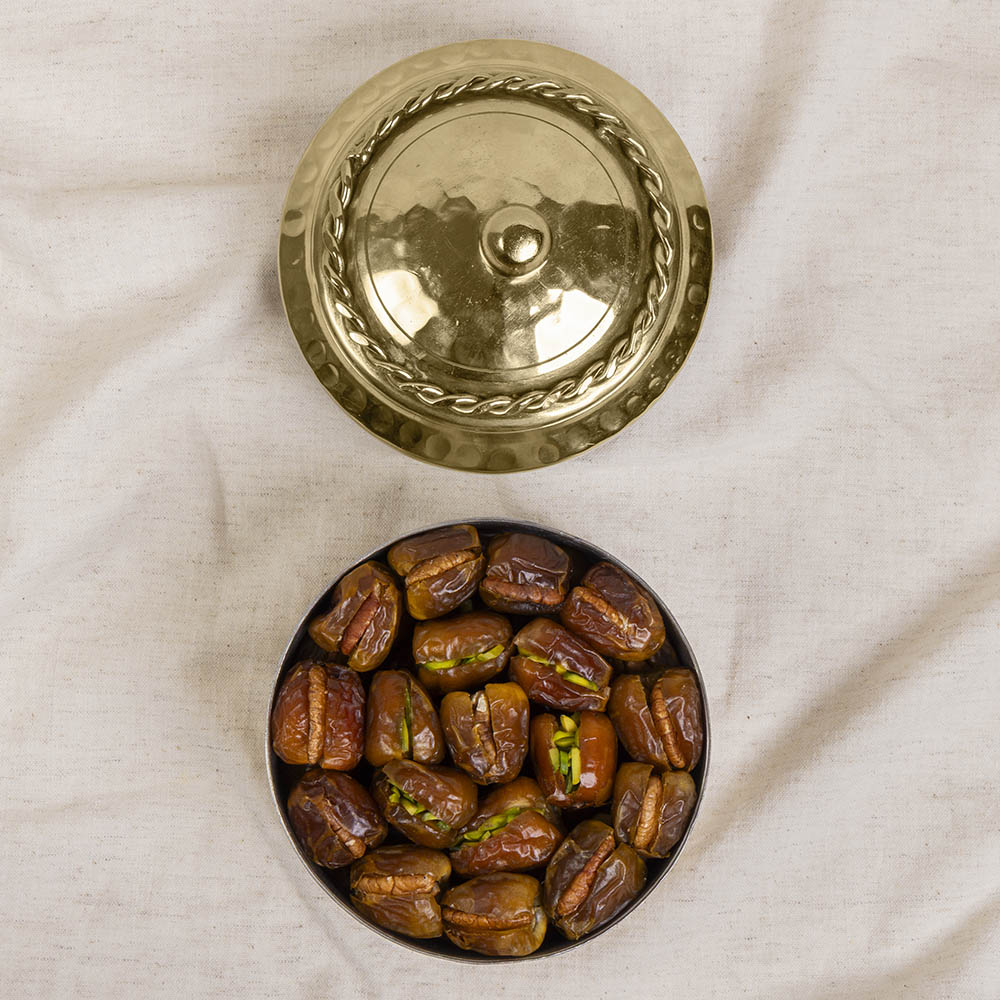 Sukkary Dates with Nuts in covered Gold Bowl 