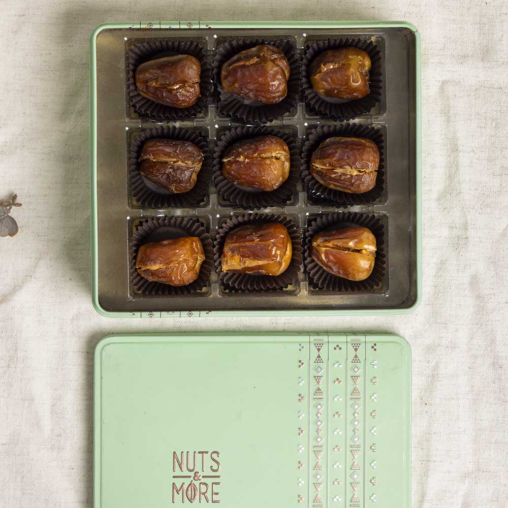  Almond Butter Stuffed Dates in Medium Metal Box 