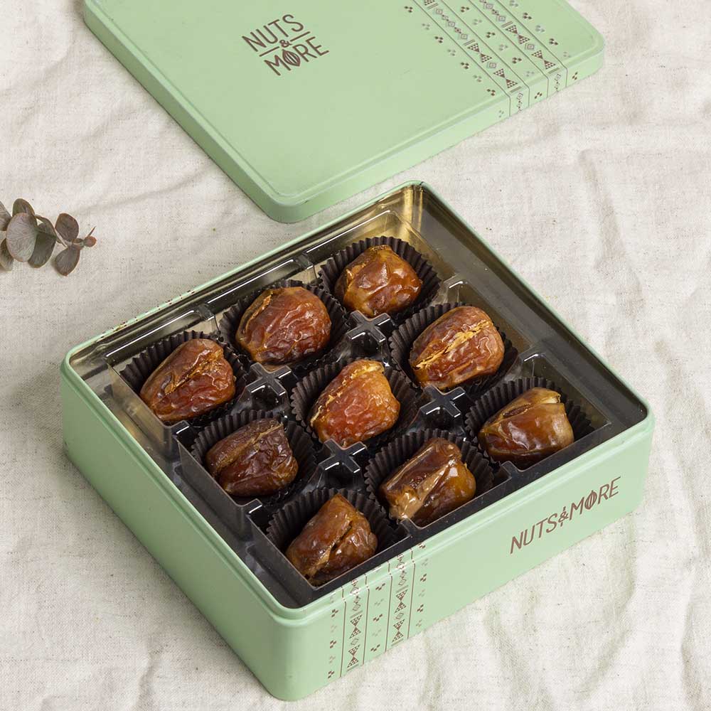 Peanuts Butter Stuffed Dates in Medium Metal Box