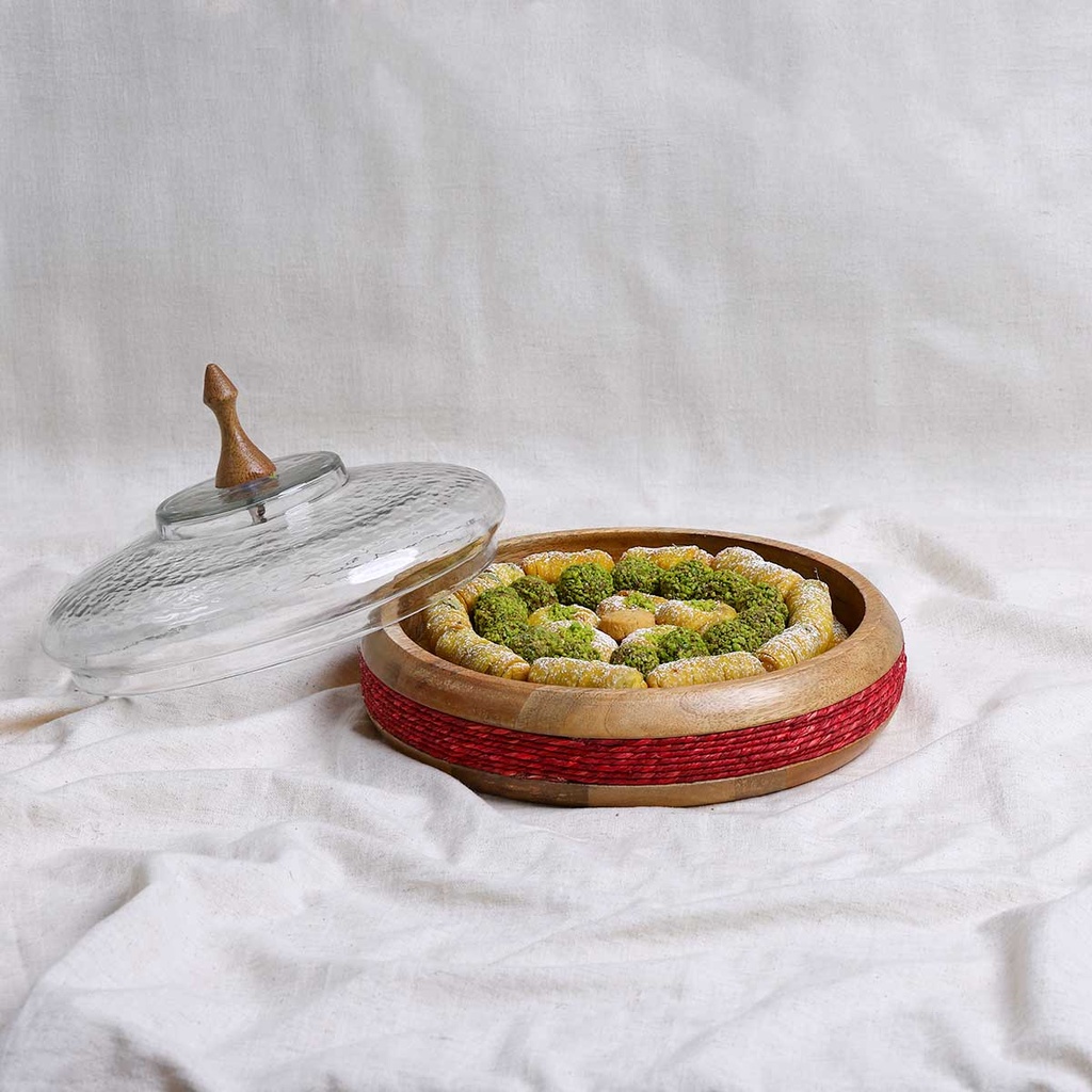 Mixed Kuwaiti Sweets in covered Wooden Bowl (Red)