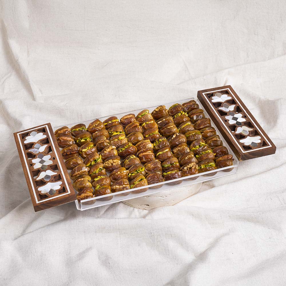 Dates  with nuts in Luxury Tray With Wooden and Pearl Handle (2 Layers) (63 pcs)