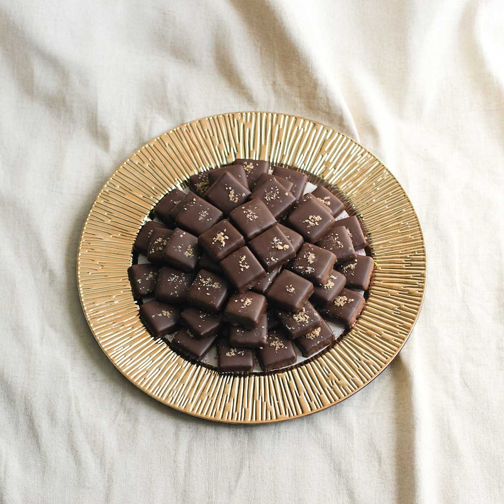 Dark Choco Pecan Dates in Gold Tray