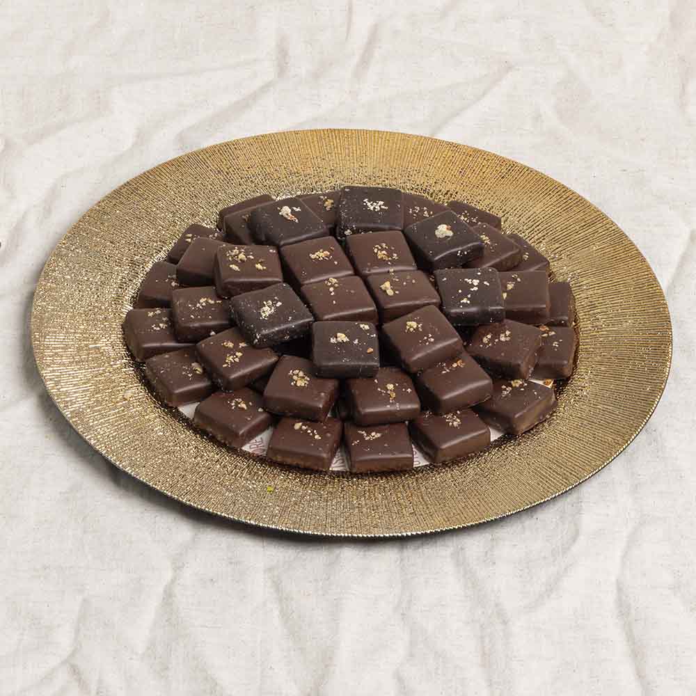 Dark Choco Pecan Dates in Gold Tray
