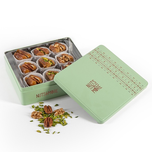 [1144] Sukkary Dates with nuts in Medium Metal Box